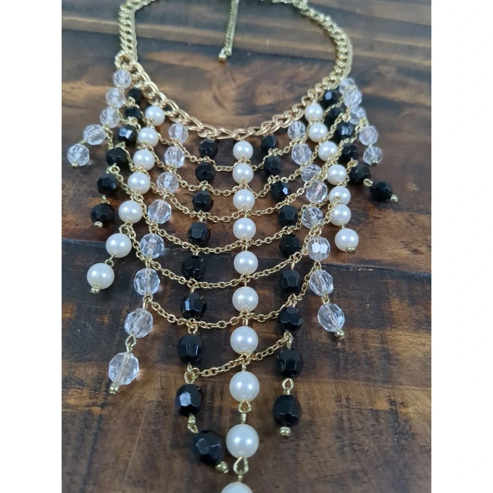 Beaded Bib Style Necklace w Matching Clipon Earrings & Broach Black White & Gold